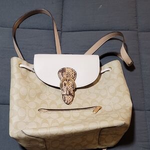 Coach Beige and White Backpack with Buckle Detail